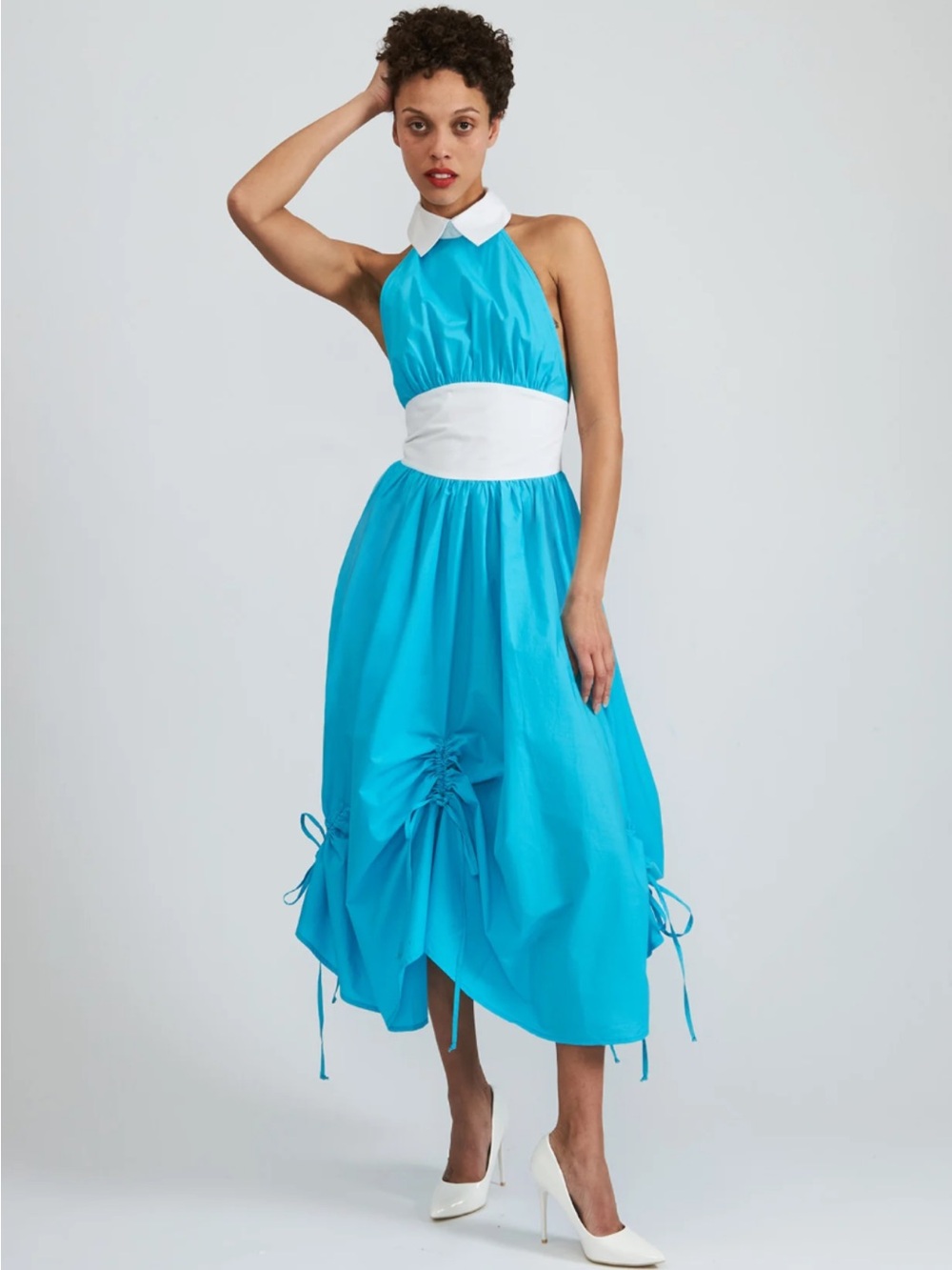 Batsheva Turquoise Halter Midi Dress with White Collar and Waist “Goldie Halter”